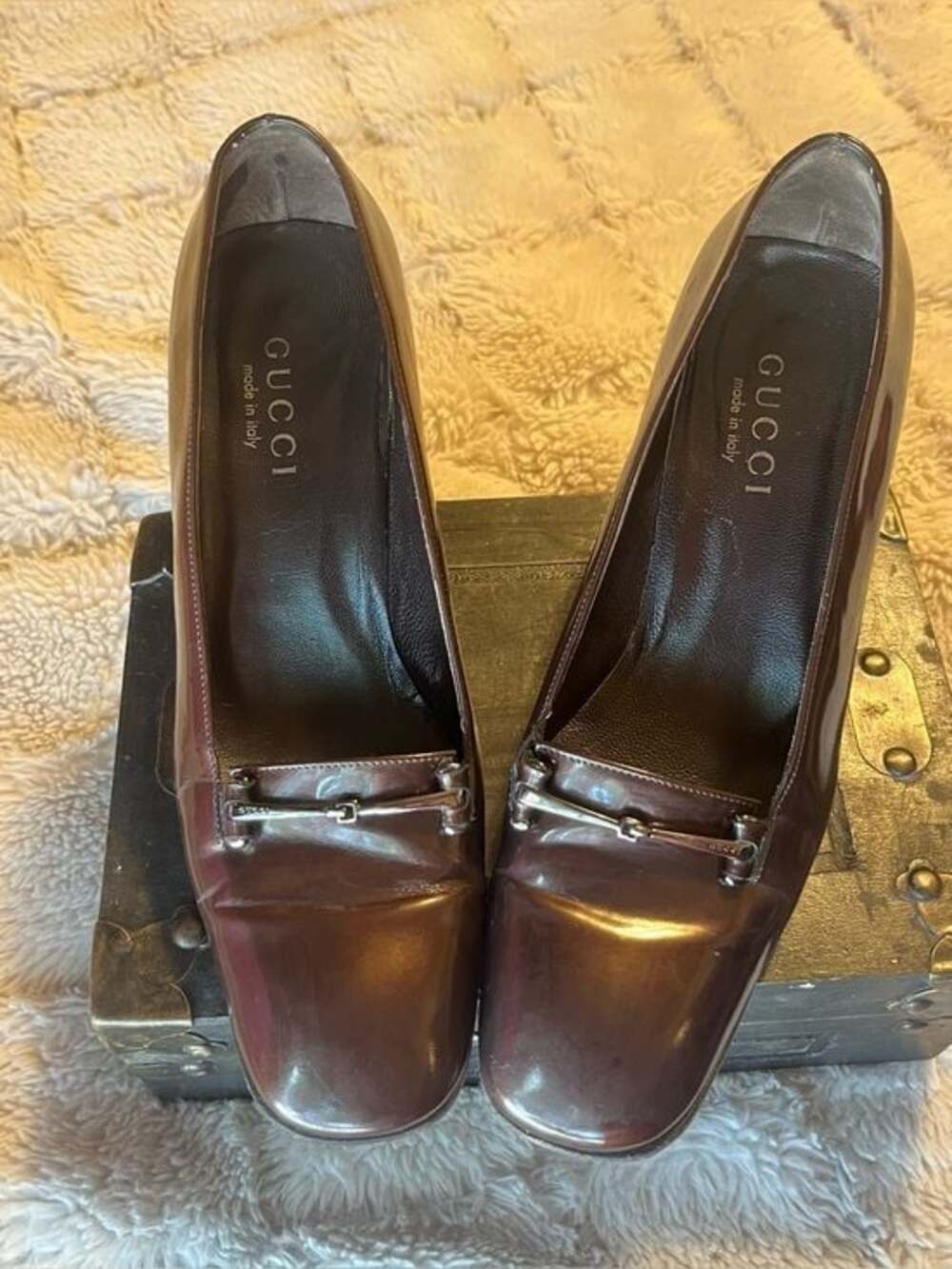 Gucci Brown Patent Leather horsebit pumps